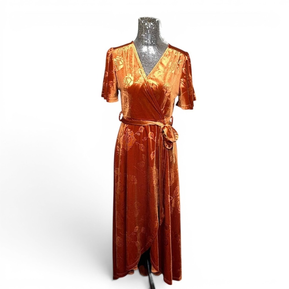 Simplee Burnout Velvet Orange Wrap Maxi Dress Floral Flutter Sleeve Small Party